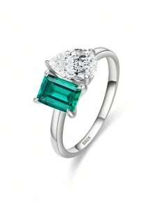 1只925純銀時尚耀眼綠色長方形方鋯水滴形戒指,適合女性奢華婚禮精品珠寶 - 銀色 - 查看 11