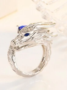 男女款豪華鑲有水鑽和紅寶石細節的華麗恐龍造型戒指 - 藍色 - 查看 4