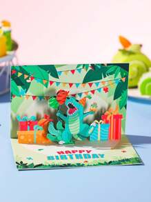1 pièce Carte d'anniversaire dinosaure 90°, carte pop-up faite à la main, carte de voeux d'anniversaire pour les amis, carte pop-up créative polyvalente pour l'anniversaire, carte de bénédiction 3D pour la fête d'anniversaire