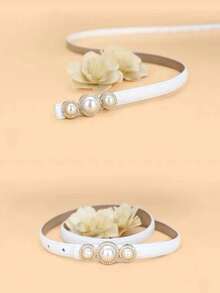 1pc Women's Thin Belt With Pearl & Rhinestone Decoration, Metal Smooth Buckle, Simple & Stylish Accessory, Perfect For All Occasions And Clothing Styles - White - View 6