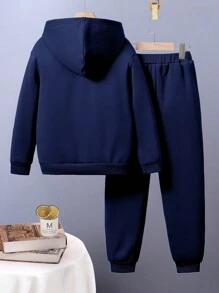 Tween Boy Scenery & Slogan Printed Hooded Sweatshirt And Sports Pants, Winter