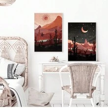 2pcs Canvas Poster Day And Night Western Desert Landscape Print, Cactus Wall Art, Boho Sun And Moon Abstract Wall Pictures, For Bedroom, Living Room Home Decor, No Frame - Multicolor - View 5