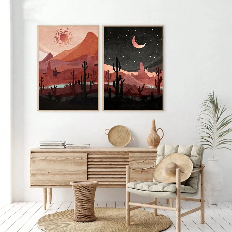 2pcs Canvas Poster Day And Night Western Desert Landscape Print, Cactus Wall Art, Boho Sun And Moon Abstract Wall Pictures, For Bedroom, Living Room Home Decor, No Frame - Multicolor - View 1
