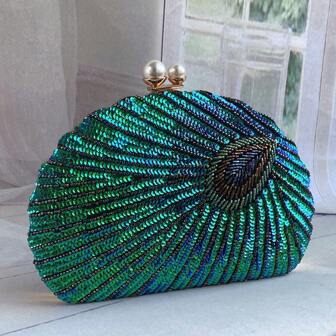 Glitter Vintage Sequins Decor Clutch Wallet, Classic Peacock Feather Pattern Evening Bag, Women's Shiny Satchel Bag For Party, Dinner, Wedding Prom