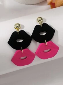 1pair Ladies' Valentine's Day Sexy Black & Pink Lips Shaped Acrylic Earrings With Ceramic Texture,Mom,Mother,Mother's Day,Gift - Multicolor - View 3
