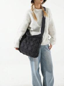 Fashionable Embroidered Women's Tote, Casual Dumpling-Shaped Handbag - Black - View 2