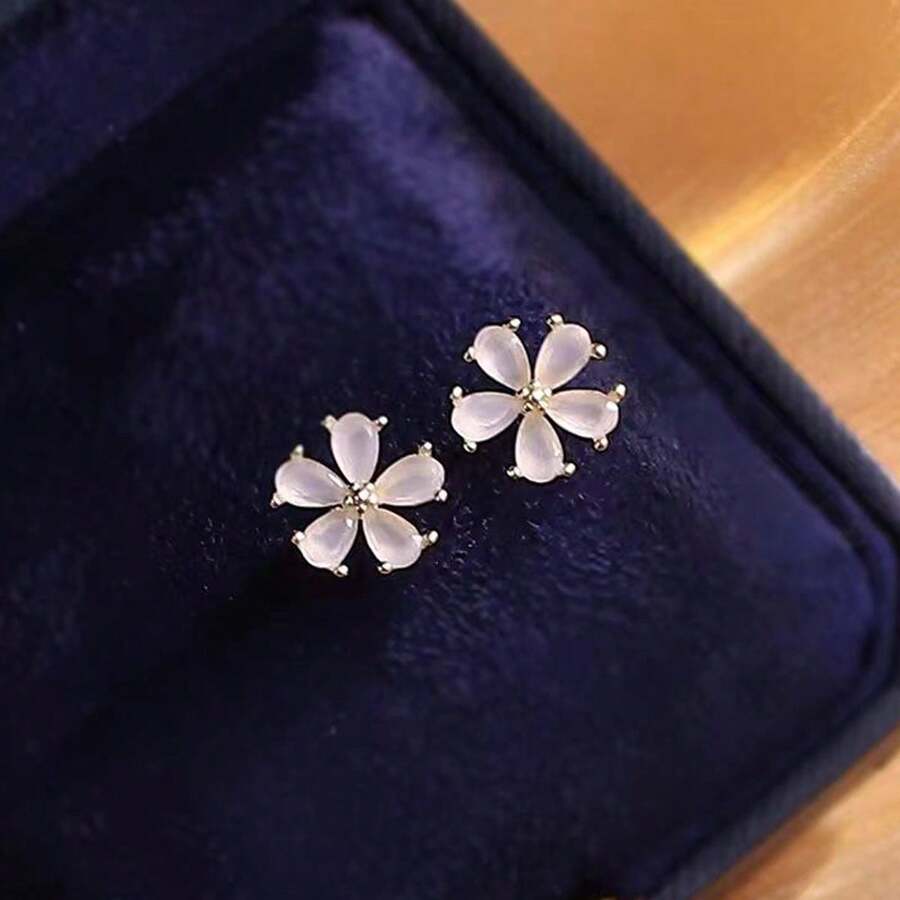 1對時尚五瓣花設計甜美耳環,附貓眼石,適合女性作為時尚高端獨特禮物 - 貓眼石花朵 - 查看 1