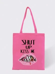 1入組粉色唇形與字母印花女士帆布手提袋,戶外可攜式購物袋 - 粉色 - 查看 1