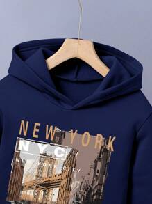 Tween Boy Scenery & Slogan Printed Hooded Sweatshirt And Sports Pants, Winter