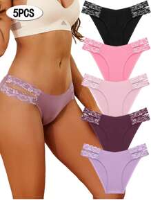 5pcs Women's Seamless Bikini Panties High Waist V Waist Lace Underwear Cute Lingerie Briefs Set, Breathable - Multicolor - View 1