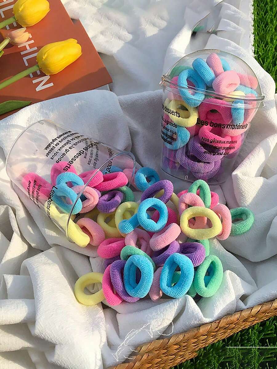 50pcs Ice Cream Color Small Size Hair Ties With Candy Colors, Elastic Towel Ring Hair Ties, Mori Style - Multicolor - View 1