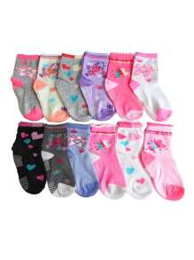 Kit 6 Pares de Meias Infantil Feminino Com antiderrapante Cano Médio Menina - Multicolorido - Visão 2