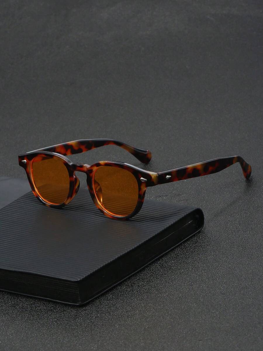 1 件男女通用豹紋橢圓形鉚釘細部休閒裝飾時尚眼鏡 - 薑色 - 查看 1