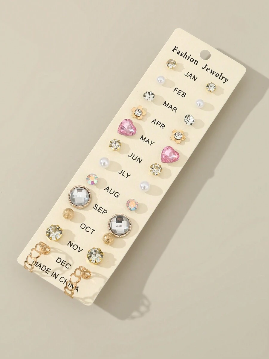 24pcs Girls' Heart Shaped & Pearl & Rhinestone Decor Earrings Set - Multicolor - View 1