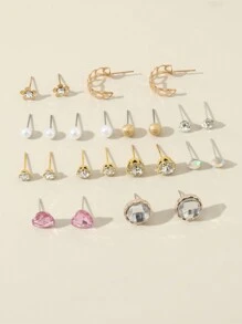 24pcs Girls' Heart Shaped & Pearl & Rhinestone Decor Earrings Set - Multicolor - View 2