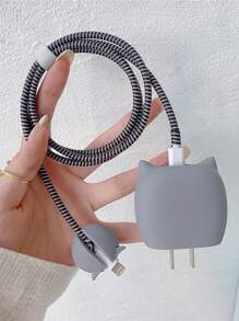 4pcs/Set Cartoon Grey Owl Shaped Charger Case And Cable Protector Compatible With Apple 18/20w Charger And Lightning Cable, Providing Protection Against Scratches, Scuffs And Dirt - Grey - View 10