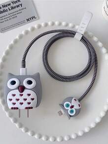 4pcs/Set Cartoon Grey Owl Shaped Charger Case And Cable Protector Compatible With Apple 18/20w Charger And Lightning Cable, Providing Protection Against Scratches, Scuffs And Dirt - Grey - View 4