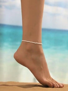 1 Pc Fashionable Elastic White Beaded Footchain Ms. Daily Life - White - View 5