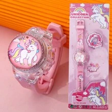 1pc/Set New High-Quality Macaron Color Kids Unicorn Silicone Band Glow Watch, Suitable For Birthday, Halloween, - Pink - View 1