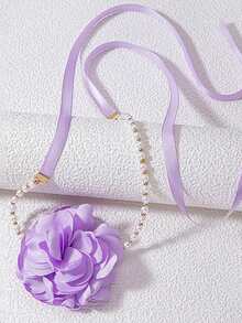 1條時尚珍珠項鍊藍色玫瑰和蕾絲頸圈項鍊幾何花卉鎖骨鏈 - 藍色 - 查看 3