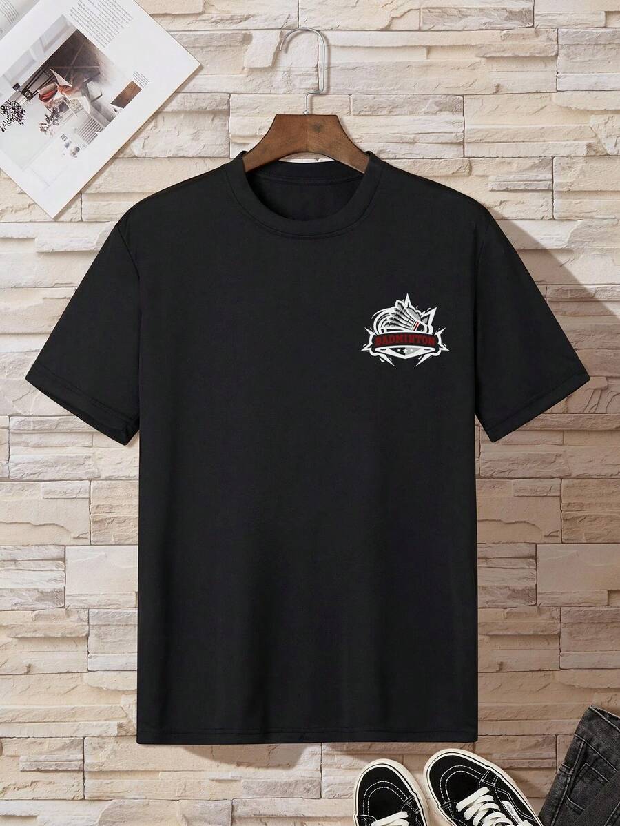 Men's Badminton Letter Printed Round Neck Outdoor T-Shirt - Black - View 1
