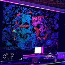 1 件骷髏、蛇和植物印花螢光牆掛毯,夜光布壁掛,適合家居裝飾,帶有藍色紫外線 - 彩色 - 查看 6