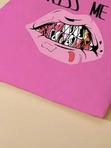 1入組粉色唇形與字母印花女士帆布手提袋,戶外可攜式購物袋 - 粉色 - 查看 4