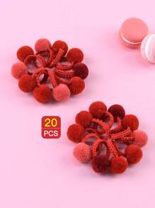 20pcs Children's Elastic Ponytail Holder With Cute Red Pom Pom Ball And Skirt Design Hair Ties - Red - View 6