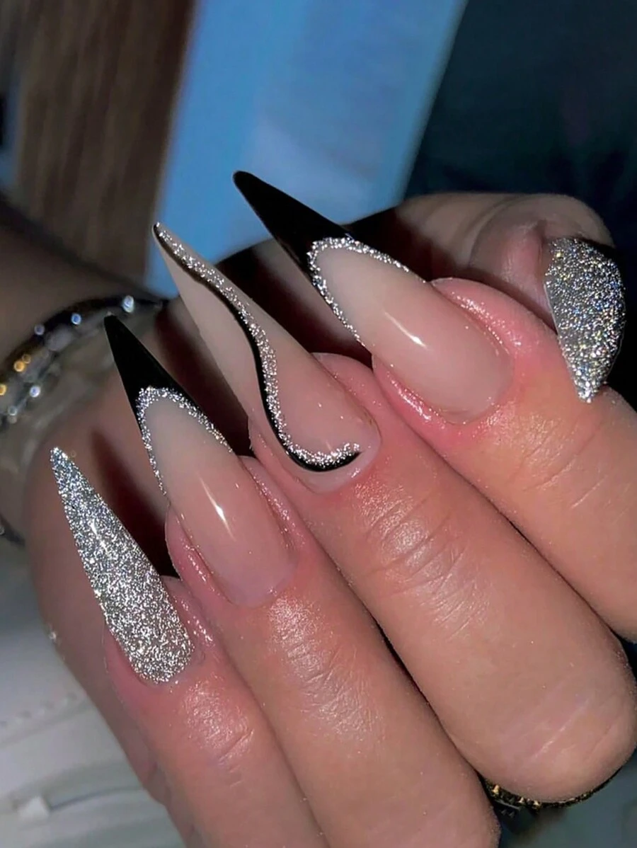 24 piezas Uñas postizas largas de tacón alto con diseño asimétrico de rayas negras brillantes y elegante brillo plateado minimalista, para realzar tu apariencia, adecuado para uso diario de mujeres y niñas, suministros de arte de uñas. - Multicolor - Ver 1
