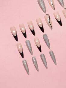 24 piezas Uñas postizas largas de tacón alto con diseño asimétrico de rayas negras brillantes y elegante brillo plateado minimalista, para realzar tu apariencia, adecuado para uso diario de mujeres y niñas, suministros de arte de uñas. - Multicolor - Ver 3