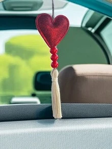 1pc Heart Shaped Wooden Bead Tassel Car Ornament, Car Rearview Mirror Decoration Pendant, Home Decor Pendant -- Valentine's Day Theme - Multicolor - View 1