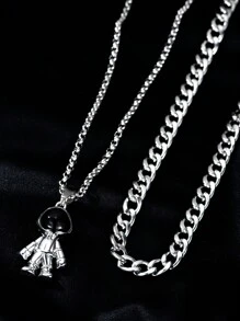 1pec 時尚防水雙層多層不鏽鋼邁阿密鏈太空人機器人吊墜項鍊男女情侶情侶日常休閒度假夜店街頭風格佩戴聖誕節新年情人節禮物男女情侶朋友最好的朋友禮物嘻哈說唱名人風格珠寶 - 銀色 - 查看 3