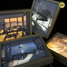 Luz LED de noche para bocetos, lámpara de mesa de Arte de pared de pintura minimalista, Control táctil, marco de fotos de madera, decoración del hogar, alimentación USB, 1pc Lámpara de Mesa Decorativa de Pintura de Luz, la Última Creativa Luz Nocturna LED Marco de Fotos Pequeños Adornos - Multicolor - Ver 8