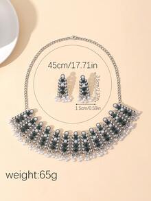 3pcs/Set Vintage & Chic Exaggerated Wheat Shaped Beaded Tassel Earrings, Collarbone Necklace & Bracelet Set With Pearl & Rhinestone Decoration - Green - View 4