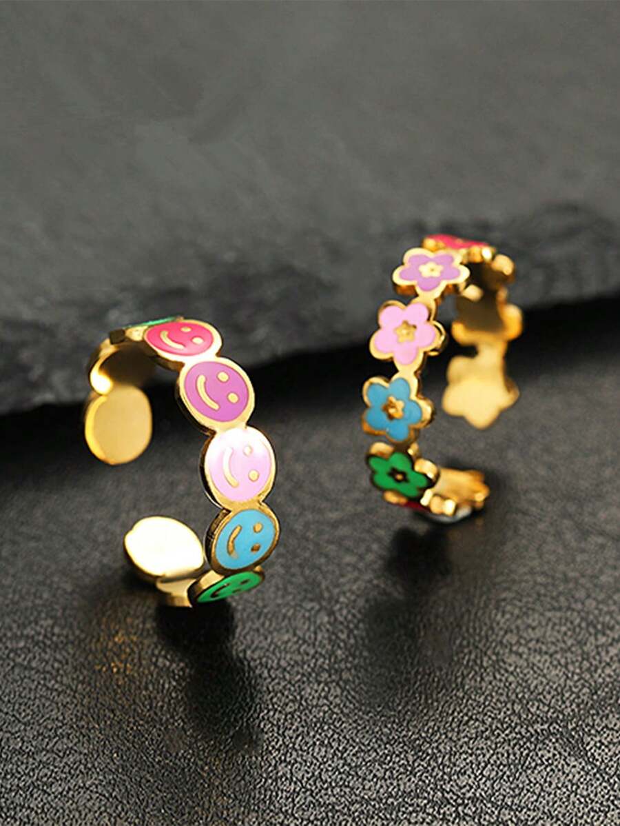 Nhẫn hình nụ cười thời trang bằng thép không gỉ chống thấm nước và chống phai màu có thể điều chỉnh với những bông hoa nhỏ nhiều màu, thích hợp cho trang phục hàng ngày của phụ nữ, ngày lễ tình nhân, mẹ, mẹ, ngày của mẹ, quà tặng - Vàng - Xem 1