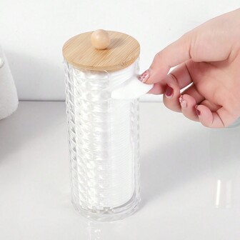 1 Pezzo Custodia Compatta Per Trucco In Acrilico, Scatola Di Archiviazione Trasparente Con Motivo Romboidale E Copertura Rotonda In Bamboo Per Il Bagno - Trasparente
