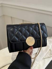 1個時尚刺繡線女士內衣迷你方形袋,翻蓋開口金屬鏈肩背袋,適用於女性的日常休閒使用 - 黑色 - 查看 2