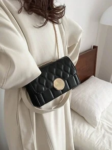 1個時尚刺繡線女士內衣迷你方形袋,翻蓋開口金屬鏈肩背袋,適用於女性的日常休閒使用 - 黑色 - 查看 3