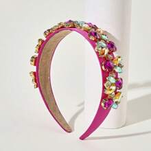 1pc Heavy Baroque Style Bunny Ear & Rhinestone Decor Headband Hair Band Hair Hoop - Hot Pink - View 2