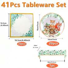 41入組7英吋森林動物派對餐具套裝,包括派對紙盤、午餐餐巾和鼠尾草綠色葉子桌布,適用於叢林動物生日派對和婚禮派對裝飾 - fox - 查看 2