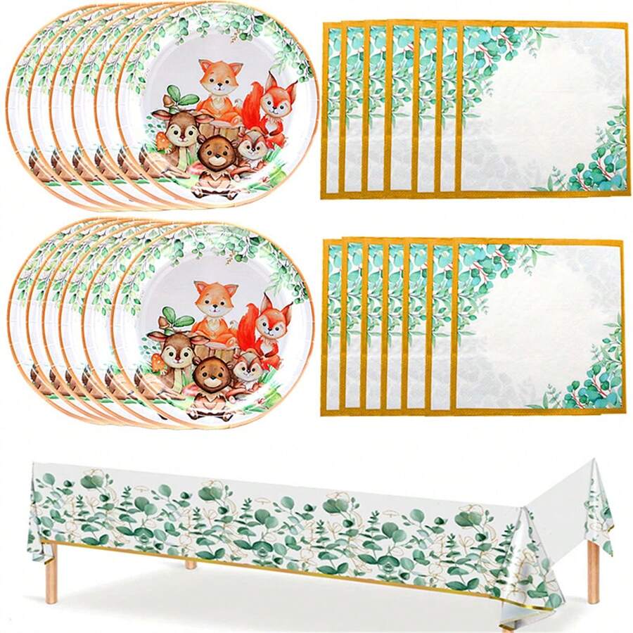 41入組7英吋森林動物派對餐具套裝,包括派對紙盤、午餐餐巾和鼠尾草綠色葉子桌布,適用於叢林動物生日派對和婚禮派對裝飾 - fox - 查看 1