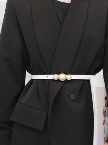 1pc Women's Thin Belt With Pearl & Rhinestone Decoration, Metal Smooth Buckle, Simple & Stylish Accessory, Perfect For All Occasions And Clothing Styles - White - View 1