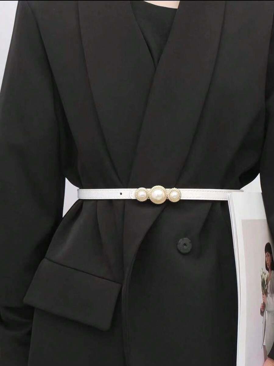 1pc Women's Thin Belt With Pearl & Rhinestone Decoration, Metal Smooth Buckle, Simple & Stylish Accessory, Perfect For All Occasions And Clothing Styles - White - View 1