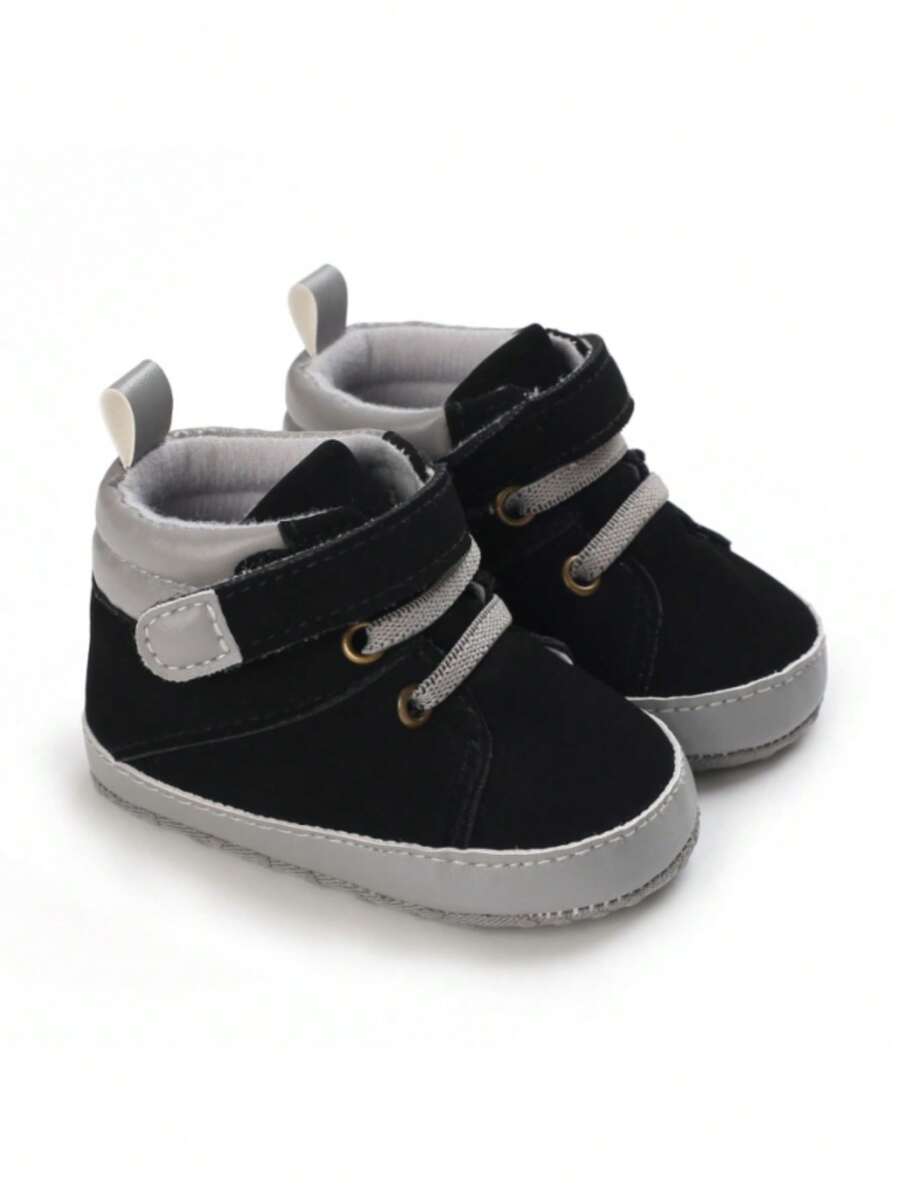 New Spring Comfortable & Fashionable High Top Lace-Up Simple Style Boys' Flat Shoes For 0-1 Year Old Infants - Black - View 1