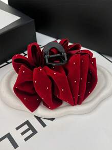 1pc Wine Red Plush & Bubble & Rhinestone Decor Bowknot Hair Claw/Clip, Suitable For Party, Dance, Shiny Decoration, Outing, Gathering And Daily Casual Wear Cute Valentine's Day Hair Clips Hair Jaw Clip Hair Clamps Hair Clutch Hair Catcher Clip, Claw Clip Fall Winter Hair Accessories For Women For Vacation Outfits Woman - Burgundy - View 5