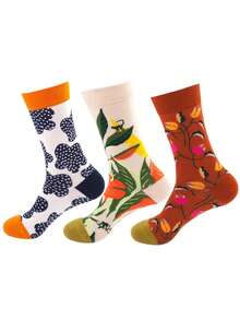 2pairs/Random Color Men'S Fashionable Flower Fun Socks For Business And Casual, Mid-Calf Length - Multicolor - View 1