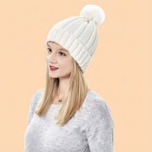 1pc Teenagers' Warm Knitted Beanie With Pom Pom, Earflaps, Windproof, Classic Style For Autumn/Winter Outdoor Activities - White - View 1