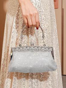 Glittering Rhinestone Decor Evening Clutch With Handle Strap For Party, Dancing, Light Luxury Clutch Purse For Women - Silver - View 2