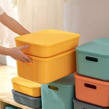 1pc Multifunctional Plastic Covered Storage Box For Desktop Cosmetic Organizing, With Handle - Yellow - View 1