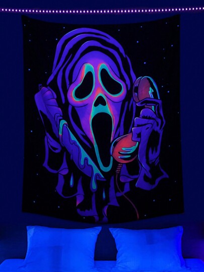 1pc Ghost With Phone And Knife Printed Fluorescent Tapestry, With Blue Light Uv Lamp Response, Fabric Wall Decoration, Flag For Room, Room Decor, Tapestry, Wall Art, Home Decor, Room Stuffs, Flags For Room, Tapestry Wall Tapestry